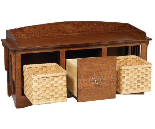 Mission Slat Bench With Baskets And Drawers